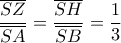 \displaystyle{\frac{\overline{SZ}}{\overline{SA}}= \frac{\overline{SH}}{\overline{SB}}=\frac{1}{3} }