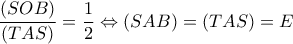  \displaystyle \frac{{\left( {SOB} \right)}}{{\left( {TAS} \right)}} = \frac{1}{2} \Leftrightarrow \left( {SAB} \right) = \left( {TAS} \right) = E