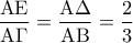 \dfrac{{{\rm A}{\rm E}}}{{{\rm A}\Gamma }} = \dfrac{{{\rm A}\Delta }}{{{\rm A}{\rm B}}} = \dfrac{2}{3}