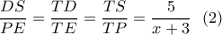 \dfrac{{DS}}{{PE}} = \dfrac{{TD}}{{TE}} = \dfrac{{TS}}{{TP}} = \dfrac{5}{{x + 3}}\,\,\,\left( 2 \right)