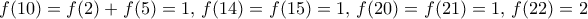 f(10)=f(2)+f(5)=1,\, f(14)=f(15)=1,\, f(20)=f(21)=1, \, f(22)=2