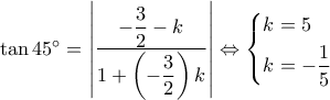 \tan 45^\circ = \left| {\dfrac{{ - \dfrac{3}{2} - k}}{{1 + \left( { - \dfrac{3}{2}} \right)k}}} \right| \Leftrightarrow \left\{ \begin{gathered}
k = 5 \hfill \\
k = - \frac{1}{5} \hfill \\
\end{gathered} \right. \tan 45^\circ = \left| {\dfrac{{ - \dfrac{3}{2} - k}}{{1 + \left( { - \dfrac{3}{2}} \right)k}}} \right| \Leftrightarrow \left\{ \begin{gathered}
k = 5 \hfill \\
k = - \frac{1}{5} \hfill \\
\end{gathered} \right.