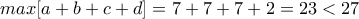 max[a+b+c+d]={7+7+7+2}=23<27