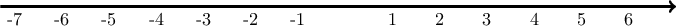 \displaystyle{\begin{tikzpicture}   	   
\draw[->, line width=1.6pt] (-7.3, 0) -- (7, 0); 
\foreach \i in {-7,..., -1, 1, 2 ,  ..., 6} 
    	    { 
    	  	  \draw (\i, 0) node[below]{\i}; 
    	    }  
\end{tikzpicture}}