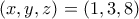 \displaystyle{(x,y,z)=(1,3,8)}