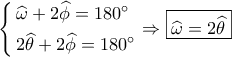 \left\{ \begin{gathered} 
  \widehat \omega  + 2\widehat \phi  = 180^\circ  \hfill \\ 
  2\widehat \theta  + 2\widehat \phi  = 180^\circ  \hfill \\  
\end{gathered}  \right. \Rightarrow \boxed{\widehat \omega  = 2\widehat \theta }