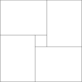 \begin{tikzpicture} 
\draw (7.,0.)-- (0.,0.); 
\draw (0.,7.)-- (0.,0.); 
\draw (0.,7.)-- (7.,7.); 
\draw (7.,7.)-- (7.,0.); 
\draw (0.,4.)-- (4.,4.); 
\draw (4.,4.)-- (4.,7.); 
\draw (3.,4.)-- (3.,0.); 
\draw (3.,3.)-- (7.,3.); 
\draw (4.,4.)-- (4.,3.); 
\end{tikzpicture}