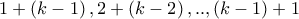 \displaystyle{1 + \left( {k - 1} \right),2 + \left( {k - 2} \right),..,\left( {k - 1} \right) + 1}