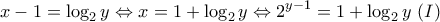 \displaystyle{x-1=\log_{2} y\Leftrightarrow x=1+\log_{2} y\Leftrightarrow 2^{y-1}=1+\log_{2} y\,\,(I)}