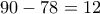 \displaystyle{90-78=12}