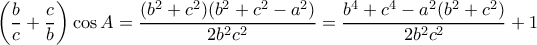 \displaystyle \left( {\frac{b}{c} + \frac{c}{b}} \right)\cos A = \frac{{({b^2} + {c^2})({b^2} + {c^2} - {a^2})}}{{2{b^2}{c^2}}} = \frac{{{b^4} + {c^4} - {a^2}({b^2} + {c^2})}}{{2{b^2}{c^2}}} + 1 \displaystyle \left( {\frac{b}{c} + \frac{c}{b}} \right)\cos A = \frac{{({b^2} + {c^2})({b^2} + {c^2} - {a^2})}}{{2{b^2}{c^2}}} = \frac{{{b^4} + {c^4} - {a^2}({b^2} + {c^2})}}{{2{b^2}{c^2}}} + 1