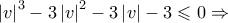 \left| v \right|^3 - 3\left| v \right|^2 - 3\left| v \right| - 3\leqslant 0 \Rightarrow \left| v \right|^3 - 3\left| v \right|^2 - 3\left| v \right| - 3\leqslant 0 \Rightarrow