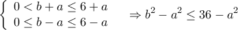 \displaystyle \left\{ \begin{array}{l}
0 < b + a \le 6 + a\\
0 \le b - a \le 6 - a
\end{array} \right.\;\;\; \Rightarrow {b^2} - {a^2} \le 36 - {a^2} \displaystyle \left\{ \begin{array}{l}
0 < b + a \le 6 + a\\
0 \le b - a \le 6 - a
\end{array} \right.\;\;\; \Rightarrow {b^2} - {a^2} \le 36 - {a^2}