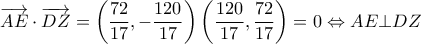 \displaystyle \overrightarrow {AE}  \cdot \overrightarrow {DZ}  = \left( {\frac{{72}}{{17}}, - \frac{{120}}{{17}}} \right)\left( {\frac{{120}}{{17}},\frac{{72}}{{17}}} \right) = 0 \Leftrightarrow AE \bot DZ