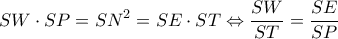 \displaystyle SW \cdot SP = S{N^2} = SE \cdot ST \Leftrightarrow \frac{{SW}}{{ST}} = \frac{{SE}}{{SP}}