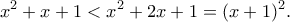 \displaystyle  
x^2+x+1 < x^2+2x+1=(x+1)^2. 
