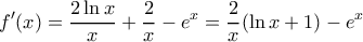 \displaystyle{f'(x)=\frac{2\ln x}{x}+\frac{2}{x}-e^x=\frac{2}{x}(\ln x+1)-e^x} \displaystyle{f'(x)=\frac{2\ln x}{x}+\frac{2}{x}-e^x=\frac{2}{x}(\ln x+1)-e^x}