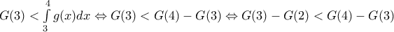 G(3)<\int\limits_{3}^{4}{g}(x)dx\Leftrightarrow G(3)<G(4)-G(3)\Leftrightarrow G(3)-G(2)<G(4)-G(3)