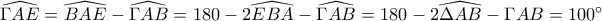 \widehat{\Gamma AE}=\widehat{BAE}-\widehat{\Gamma AB}=180-2\widehat{EBA}-\widehat{\Gamma AB}=180-2\widehat{\Delta AB}-\Gamma AB=100^{\circ} \widehat{\Gamma AE}=\widehat{BAE}-\widehat{\Gamma AB}=180-2\widehat{EBA}-\widehat{\Gamma AB}=180-2\widehat{\Delta AB}-\Gamma AB=100^{\circ}
