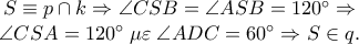 \begin{array}{*{20}c} 
   {S \equiv p \cap k \Rightarrow \angle CSB = \angle ASB = 120^ \circ   \Rightarrow }  \\ 
   {\angle CSA = 120^ \circ  \;\mu \varepsilon \;\angle ADC = 60^ \circ   \Rightarrow S \in q.}  \\ 
 
 \end{array}