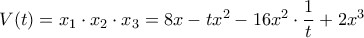 V(t)=x_1\cdot x_2\cdot x_3= 8x-tx^2-16x^2\cdot \dfrac{1}{t}+2x^3