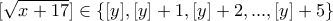 \displaystyle{[\sqrt{x+17}]\in\{[y] , [y]+1 , [y]+2 , ... , [y]+5\}}