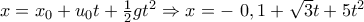 x={{x}_{0}}+{{u}_{0}}t+\frac{1}{2}g{{t}^{2}}\Rightarrow x=-~0,1+\sqrt{3}t+5{{t}^{2}}