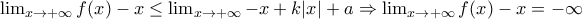 \lim_{x\to +\infty}f(x)-x\leq \lim_{x\to +\infty}-x+k|x|+a \Rightarrow \lim_{x\to +\infty}f(x)-x=-\infty \lim_{x\to +\infty}f(x)-x\leq \lim_{x\to +\infty}-x+k|x|+a \Rightarrow \lim_{x\to +\infty}f(x)-x=-\infty