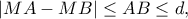 \displaystyle{\left| {MA - MB} \right| \le AB \le d,}