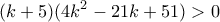 \displaystyle{(k+5)(4k^2-21k+51)>0}