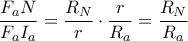 \displaystyle \frac{F_{a}N}{F_{a}I_{a}} = \frac{R_{N}}{r}\cdot \frac{r}{R_{a}} = \frac{R_{N}}{R_{a}}