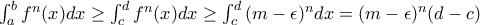 \int_{a}^b{f^n(x)}{dx}\ge \int_{c}^d{f^n(x)}{dx}\ge \int_{c}^d{(m-\epsilon)^n}{dx}= (m-\epsilon)^n(d-c)