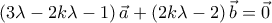 \displaystyle{\left( {3\lambda - 2k\lambda - 1} \right)\vec a + \left( {2k\lambda - 2} \right)\vec b = \vec 0} \displaystyle{\left( {3\lambda - 2k\lambda - 1} \right)\vec a + \left( {2k\lambda - 2} \right)\vec b = \vec 0}