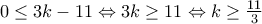 0\leq 3k-11 \Leftrightarrow 3k\geq 11 \Leftrightarrow k\geq \frac{11}{3}
