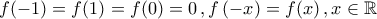 \displaystyle{f(-1)=f(1)=f(0)=0\,,f\left(-x\right)=f(x)\,,x\in\mathbb{R}}