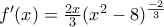 f'(x)=\frac{2x}{3}(x^{2}-8)^{\frac{-2}{3}}