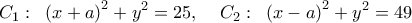  \displaystyle {C_1}:\;\;{\left( {x + a} \right)^2} + {y^2} = 25,\;\;\;\;{C_2}:\;\;{\left( {x - a} \right)^2} + {y^2} = 49