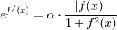 \displaystyle{\displaystyle {e^{{f^/}(x)}} = \alpha  \cdot \frac{{\left| {f(x)} \right|}}{{1 + {f^2}(x)}}}