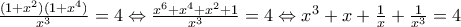 \frac{(1+x^{2})(1+x^{4})}{x^{3}}=4\Leftrightarrow \frac{x^{6}+x^{4}+x^{2}+1}{x^{3}}=4\Leftrightarrow x^{3}+x+\frac{1}{x}+\frac{1}{x^{3}}=4