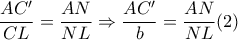\dfrac{AC'}{CL} = \dfrac{AN}{NL} \Rightarrow  \dfrac{AC'}{b}= \dfrac{AN}{NL}(2)