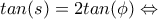 tan(s)=2tan(\phi)\Leftrightarrow tan(s)=2tan(\phi)\Leftrightarrow