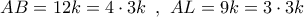 AB = 12k = 4 \cdot 3k\,\,\,,\,\,AL = 9k = 3 \cdot 3k