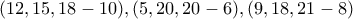 (12,15,18 - 10) , (5,20,20 -6) , (9,18,21 - 8)
