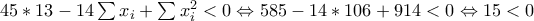 45*13-14\sum{x_i}+\sum{x_i^2}<0\Leftrightarrow{585-14*106+914<0}\Leftrightarrow{15<0}