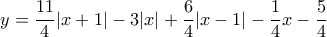 \displaystyle{ y=\dfrac {11}{4}|x+1|-3|x|+ \dfrac {6}{4}|x-1|-\dfrac {1}{4}x-\dfrac {5}{4} } \displaystyle{ y=\dfrac {11}{4}|x+1|-3|x|+ \dfrac {6}{4}|x-1|-\dfrac {1}{4}x-\dfrac {5}{4} }