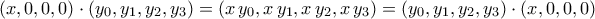\displaystyle{\left(x,0,0,0\right)\cdot \left(y_0,y_1,y_2,y_3\right)=\left(x\,y_0,x\,y_1,x\,y_2,x\,y_3\right)=\left(y_0,y_1,y_2,y_3\right)\cdot \left(x,0,0,0\right)}