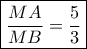 \boxed{\frac{{MA}}{{MB}} = \frac{5}{3}} \boxed{\frac{{MA}}{{MB}} = \frac{5}{3}}