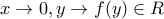 \displaystyle{ 
x \to 0,y \to f(y) \in R 
}