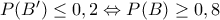 P(B') \leq 0,2 \Leftrightarrow P(B) \geq 0,8