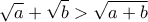 \displaystyle{\sqrt{a}+\sqrt{b}>\sqrt{a+b}}